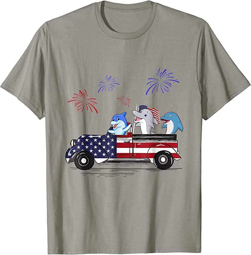 Dolphin Ride Truck American Flag Fireworks 4th Of July T-Shirt