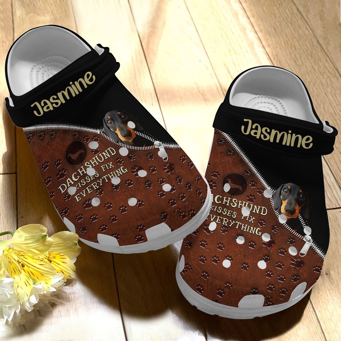 Dachshund Personalize Clog, Custom Name, Text, Fashion Style For Women, Men, Kid, Print 3D Personalized Dachshund Kiss