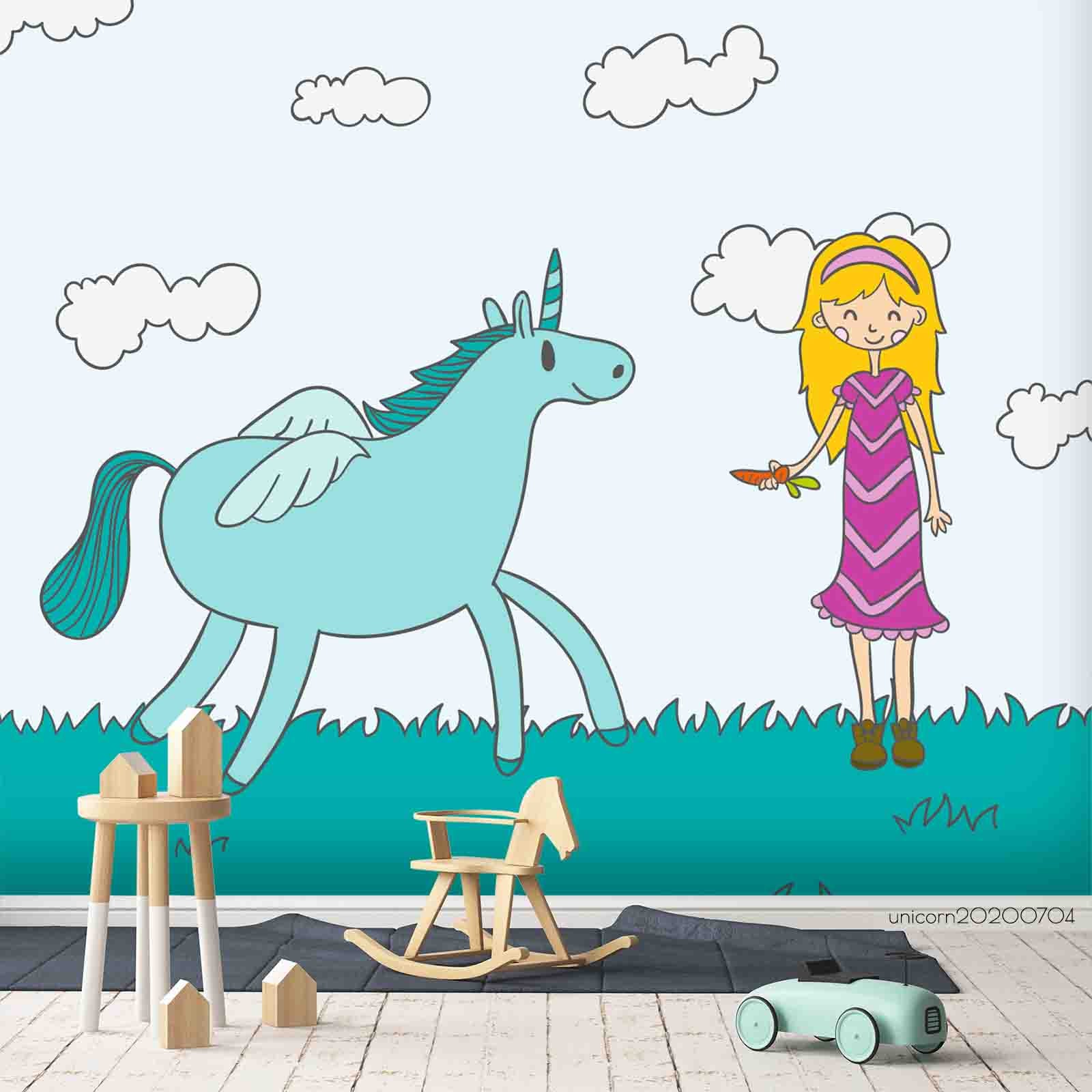 3D Cartoon Girl Feeding Green Unicorn Wall Mural Wallpaper Lxl 169