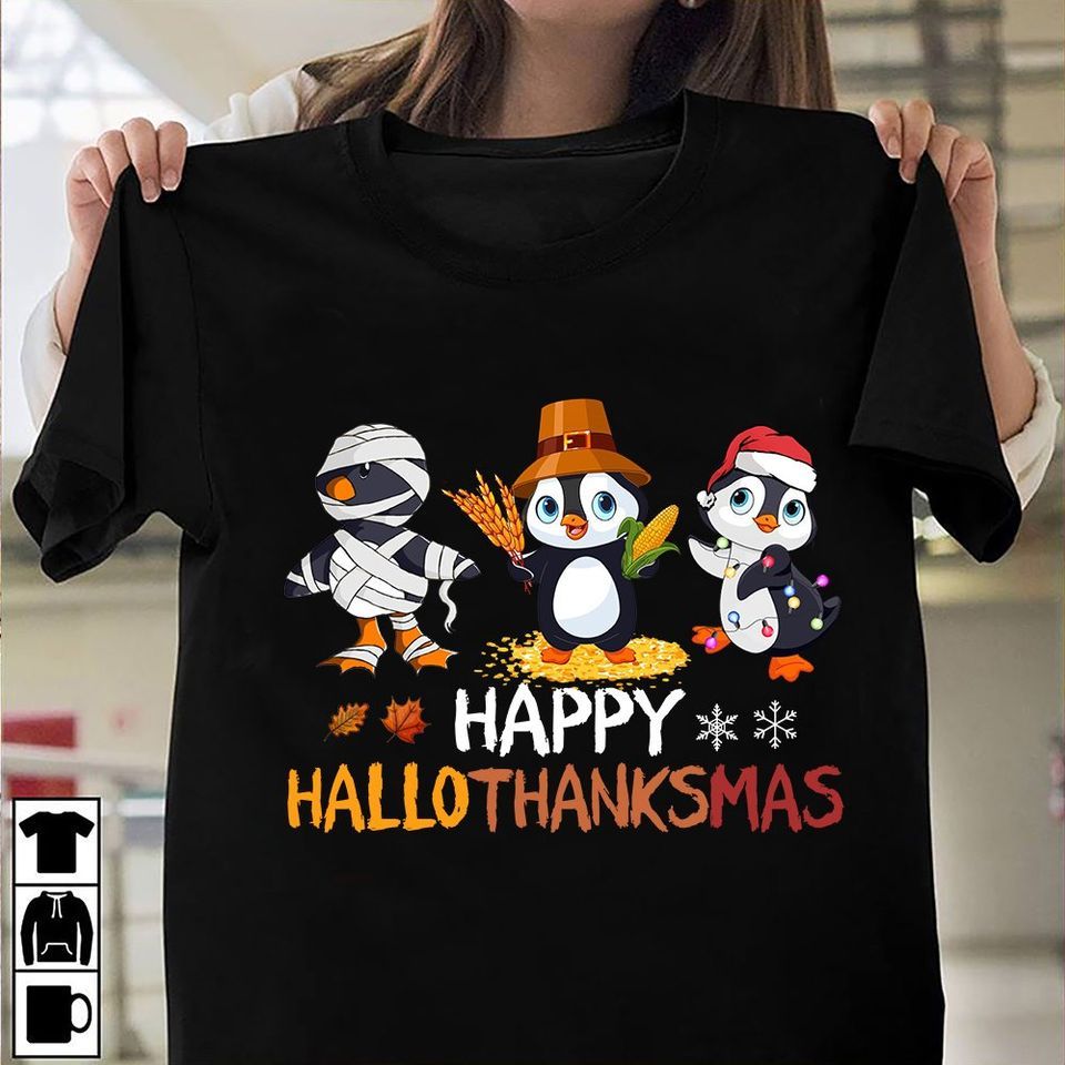 Three penguin happy hallothanksmas T shirt hoodie sweater H99