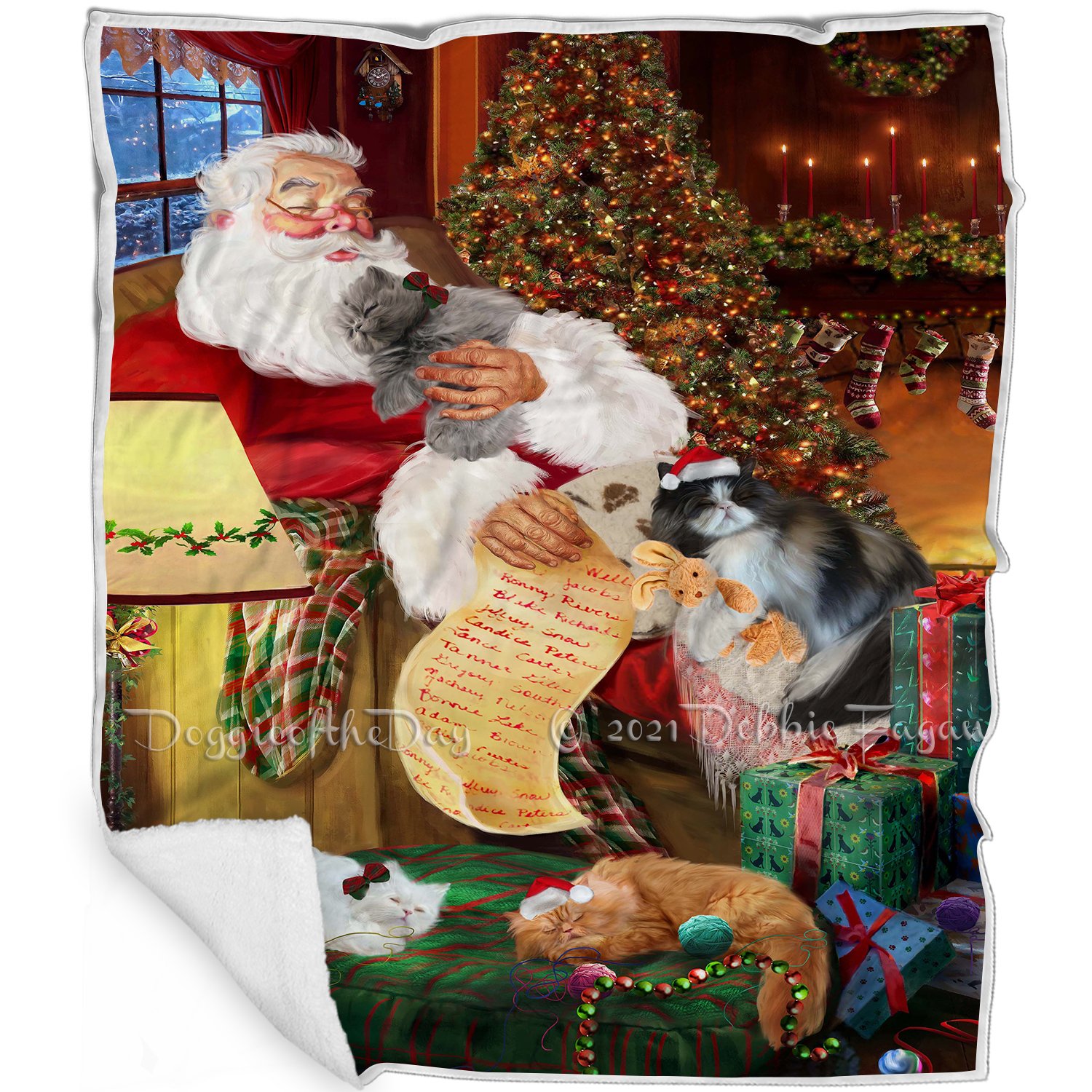 Persian Cats And Kittens Sleeping With Santa Blanket