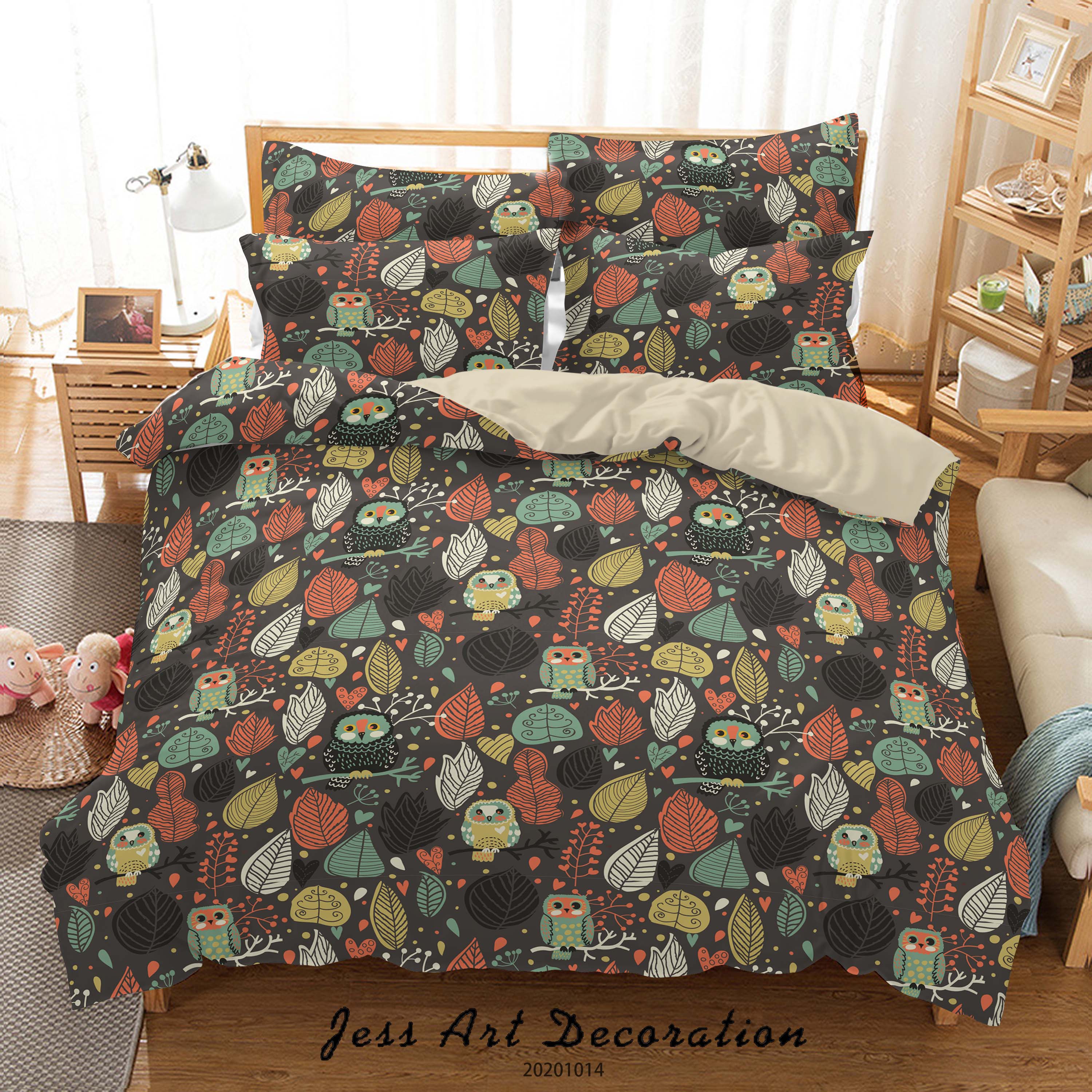 3D Cartoon Animal Leavess Owl Pattern Quilt Cover Set Bedding Set Duvet Cover Pillowcases Wj 9705