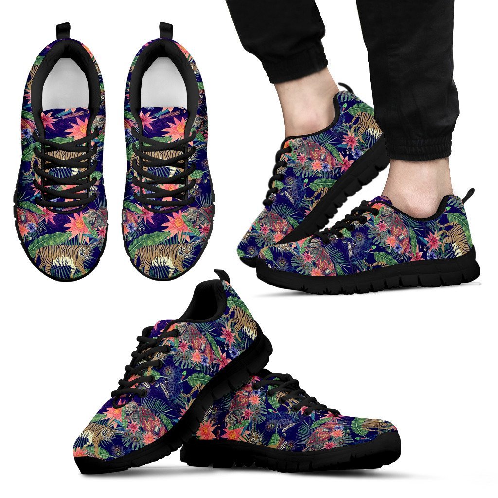 Bohemian Tiger Pattern Print Black Sneaker Shoes For Men Women