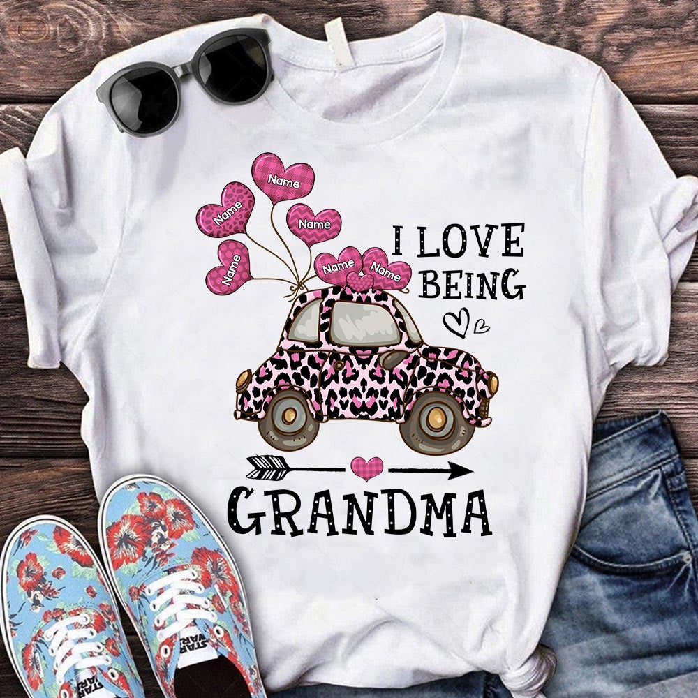 I Love Being Grandma Car With Heart Balloons Leopard Shirt Grandma With Grandkids Name Balloons Heart Shirt Gifts Hn98