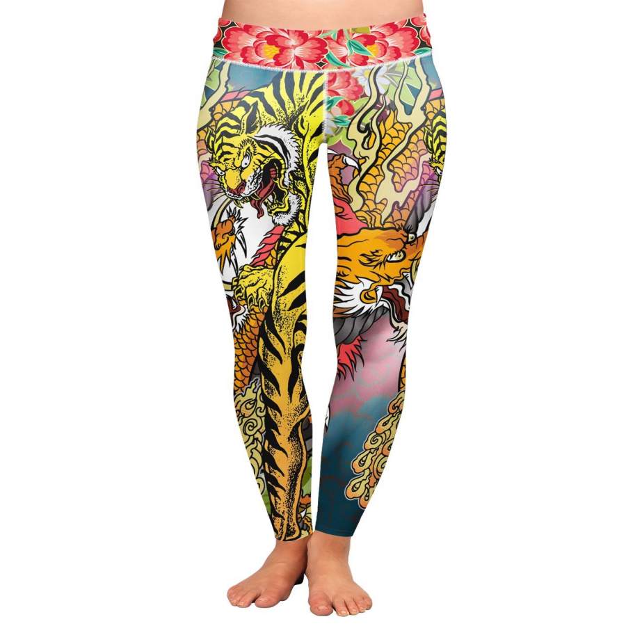 Dragon Tiger Flowers Yoga Leggings