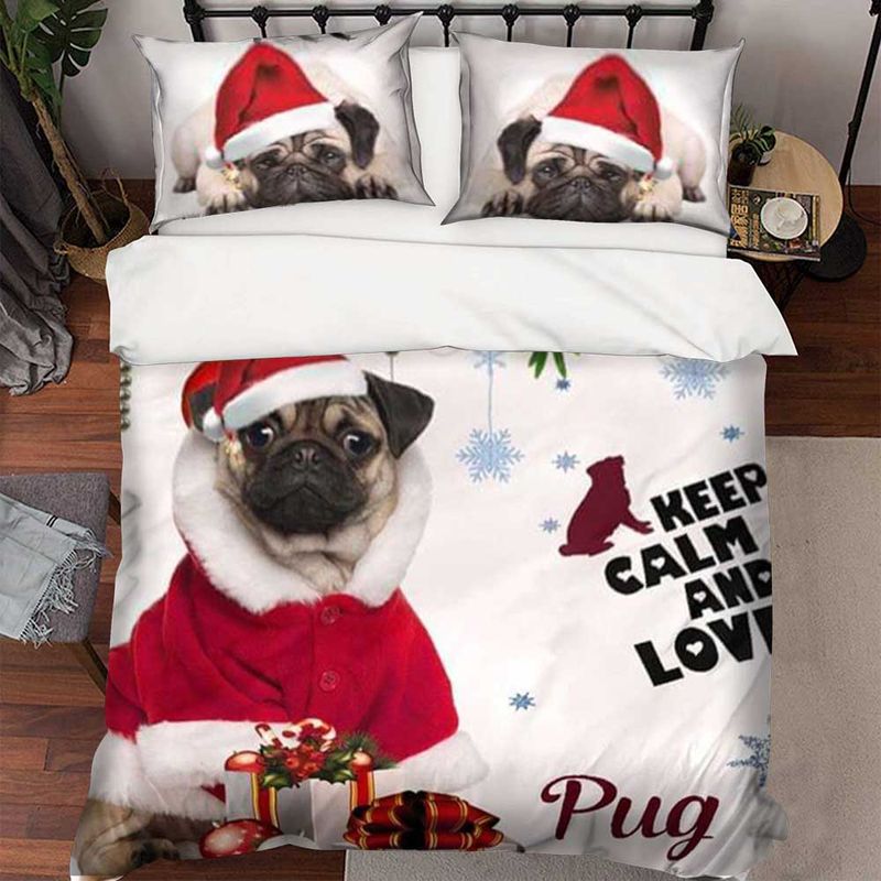 Dog Lovers Bedding Cover, Pug Christmas Bed Set, Pug Bedding Set, Pug Keep Calm And Love Pug Bedding Cover With 2 Pillowcases