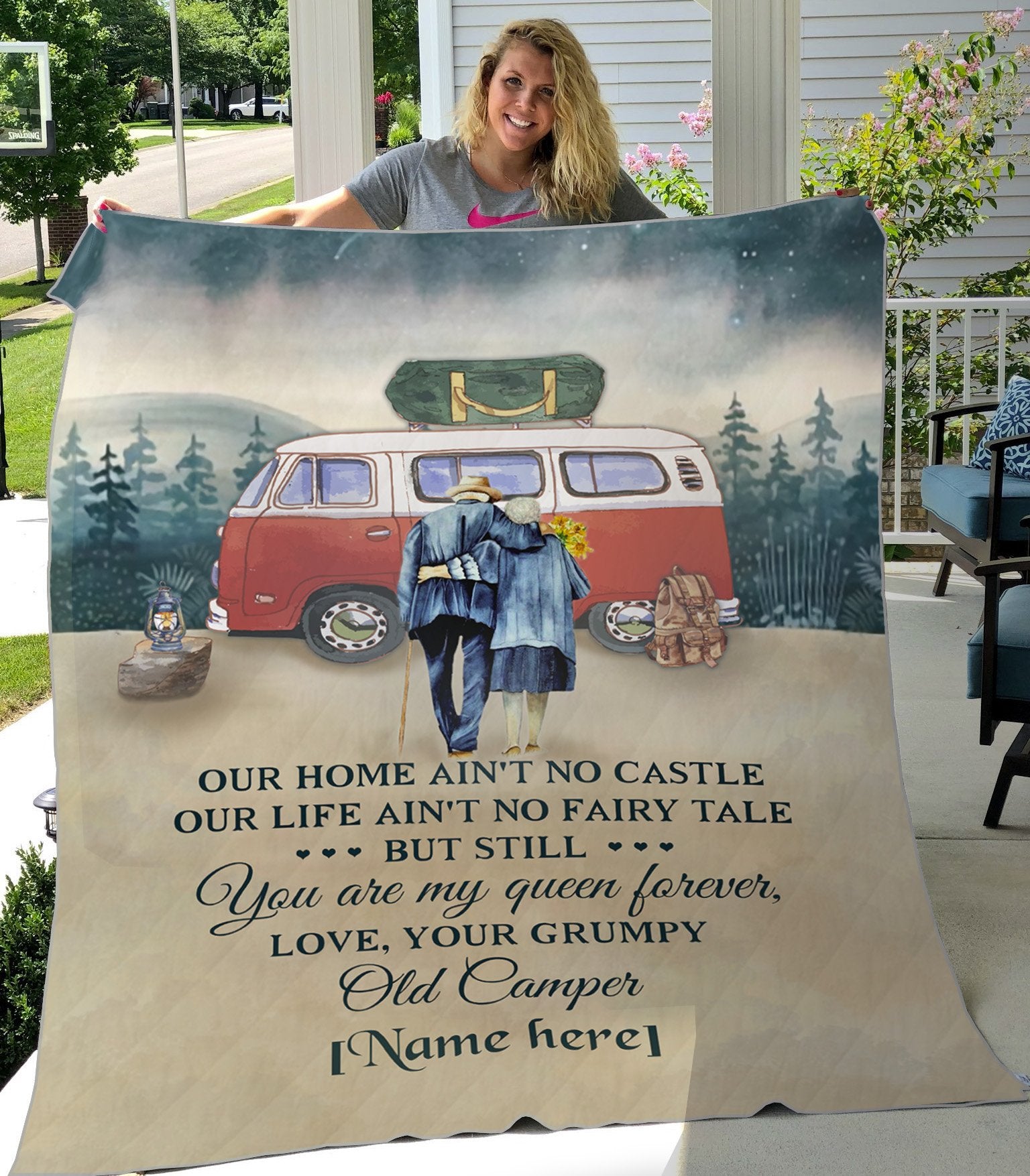 Personalized – Our Home Aint No Castle, Old Camping Couple, Gifts For Couple, Him, Her, Custom Name Fleece Sherpa Blanket