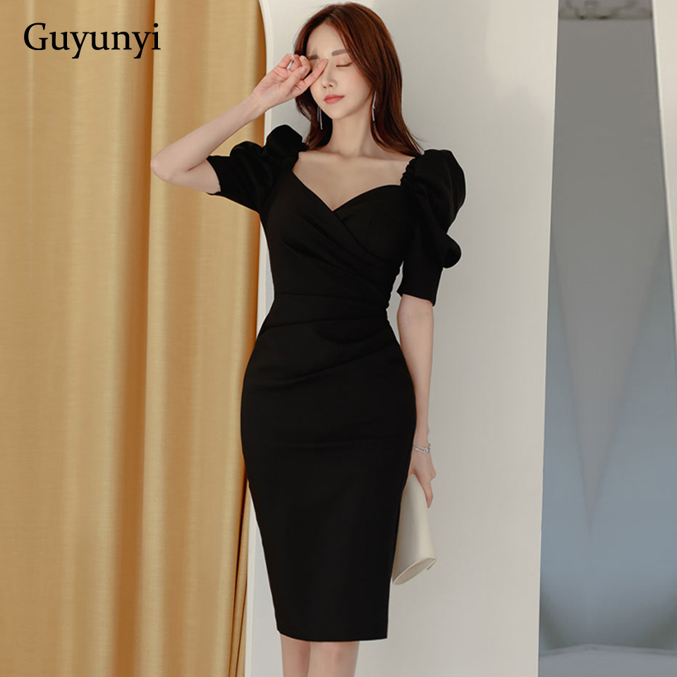 Black Pencil Office Lady Dress 2022 Spring Korean Version Simple V-Neck Puff Sleeve High Waist Tight Elegant Party Dress Women alx