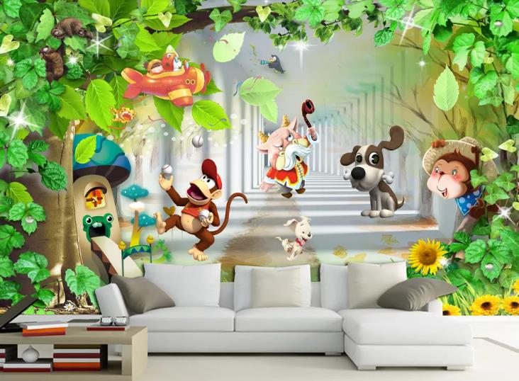 3D Cartoon Forest Floral Animal Wall Mural Wallpaper Lqh 516