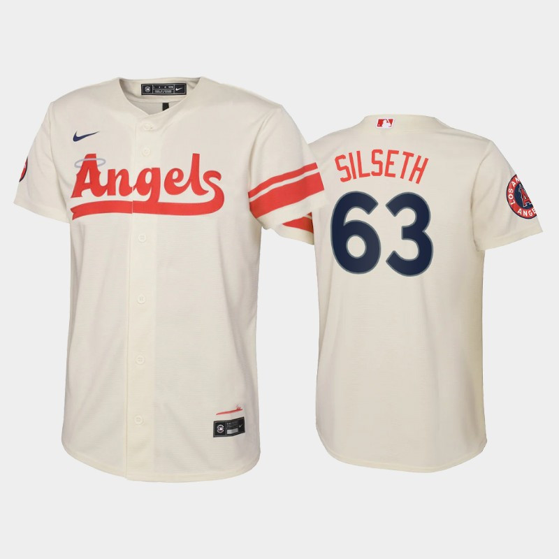 2022-23 City Connect Youth Los Angeles Angels Chase Silseth 63 Chase Silseth Jersey – Cream