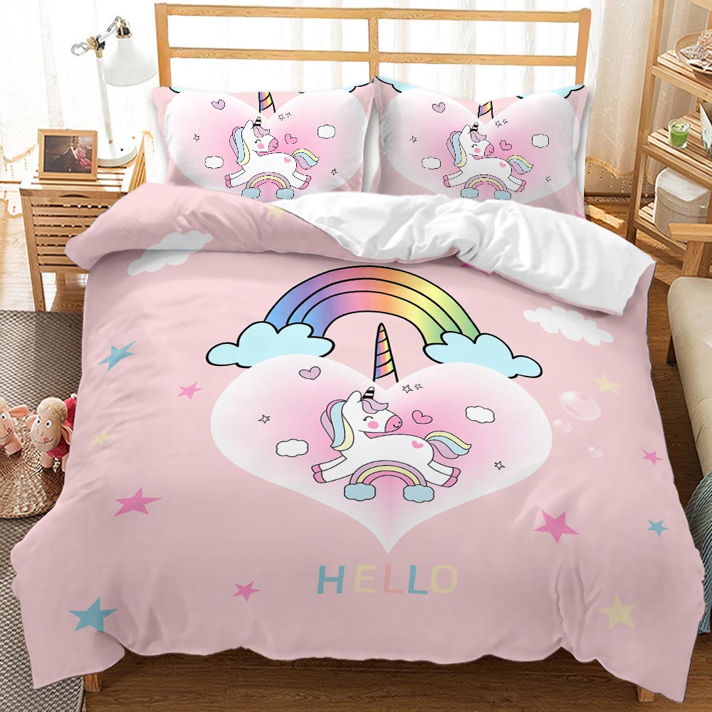 3D Bedding Set Printed Unicorn Rainbow Colors Duvet Cover Set Pink For