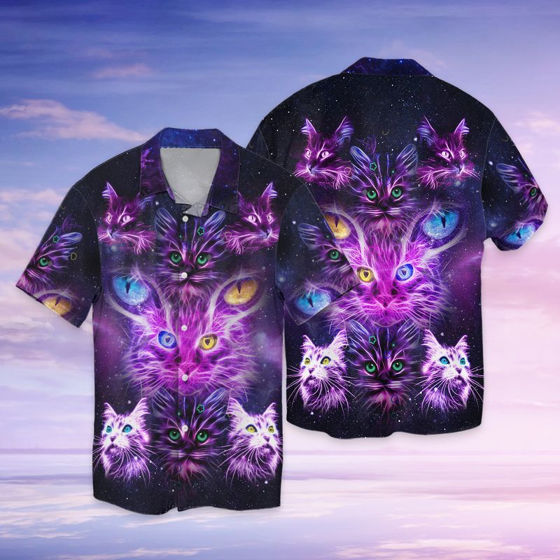 Neon Purple Cat Galaxy Full Print Hawaii Shirt Ha17706