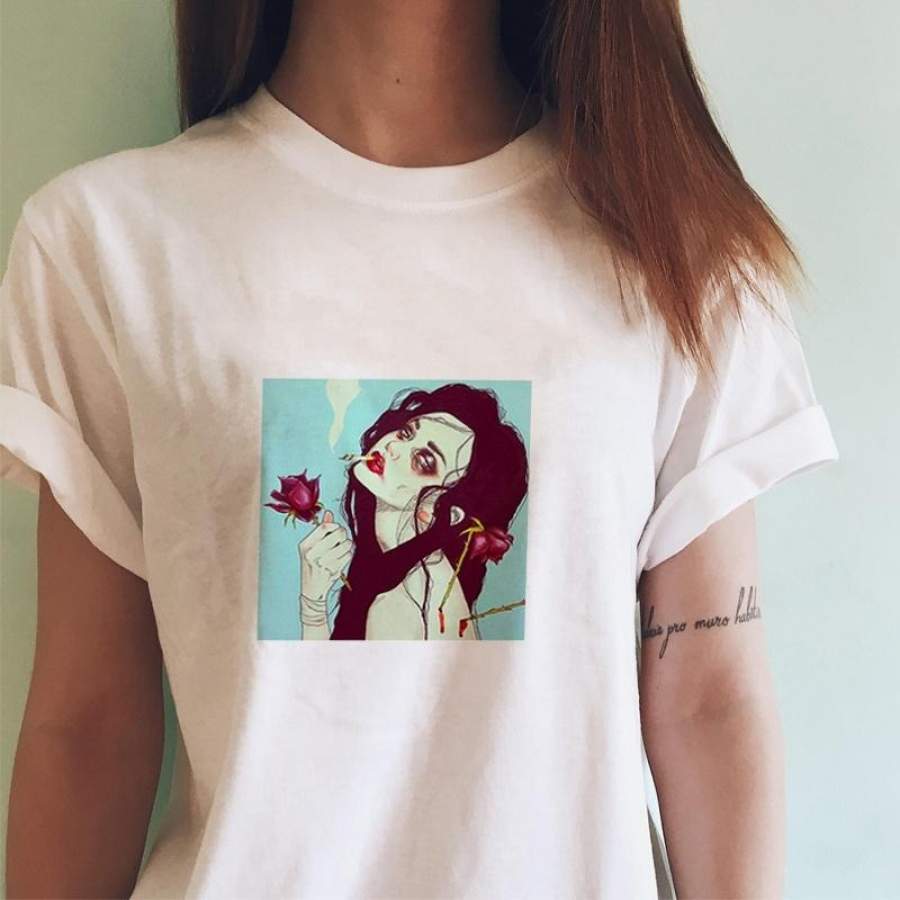 Smoking Girl and Rose Flower Printed Tee Short Sleeves Cotton Personalized Shirt