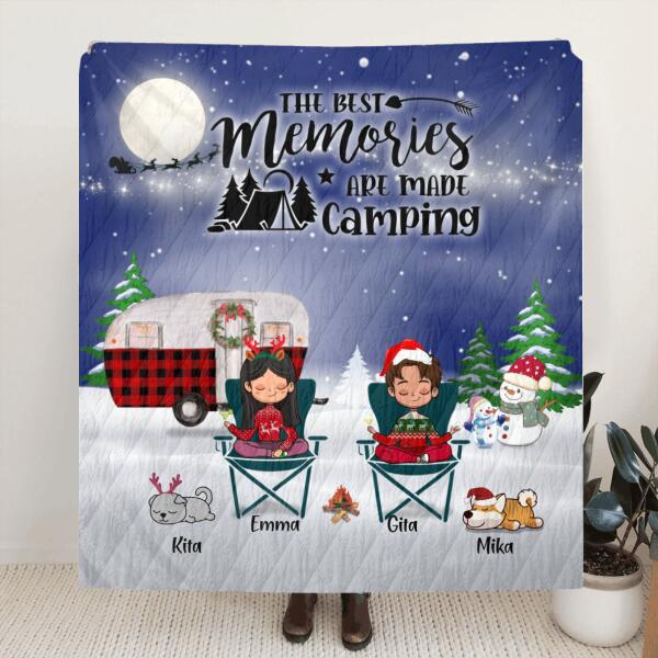 Custom Personalized Couple Camping Xmas Quilt/ Fleece Blanket & Pillow Cover – Couple With Upto 4 Pets – Christmas Gift For Cat/ Dog Lover