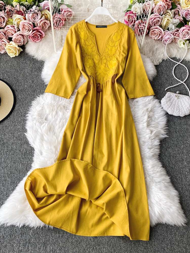 ZANZEA 2022 Summer 3/4 Sleeve Tassels Sundress Women Kaftan Embroidered Maxi Long Dresses Casual Solid A Line Vestidos Oversized alx