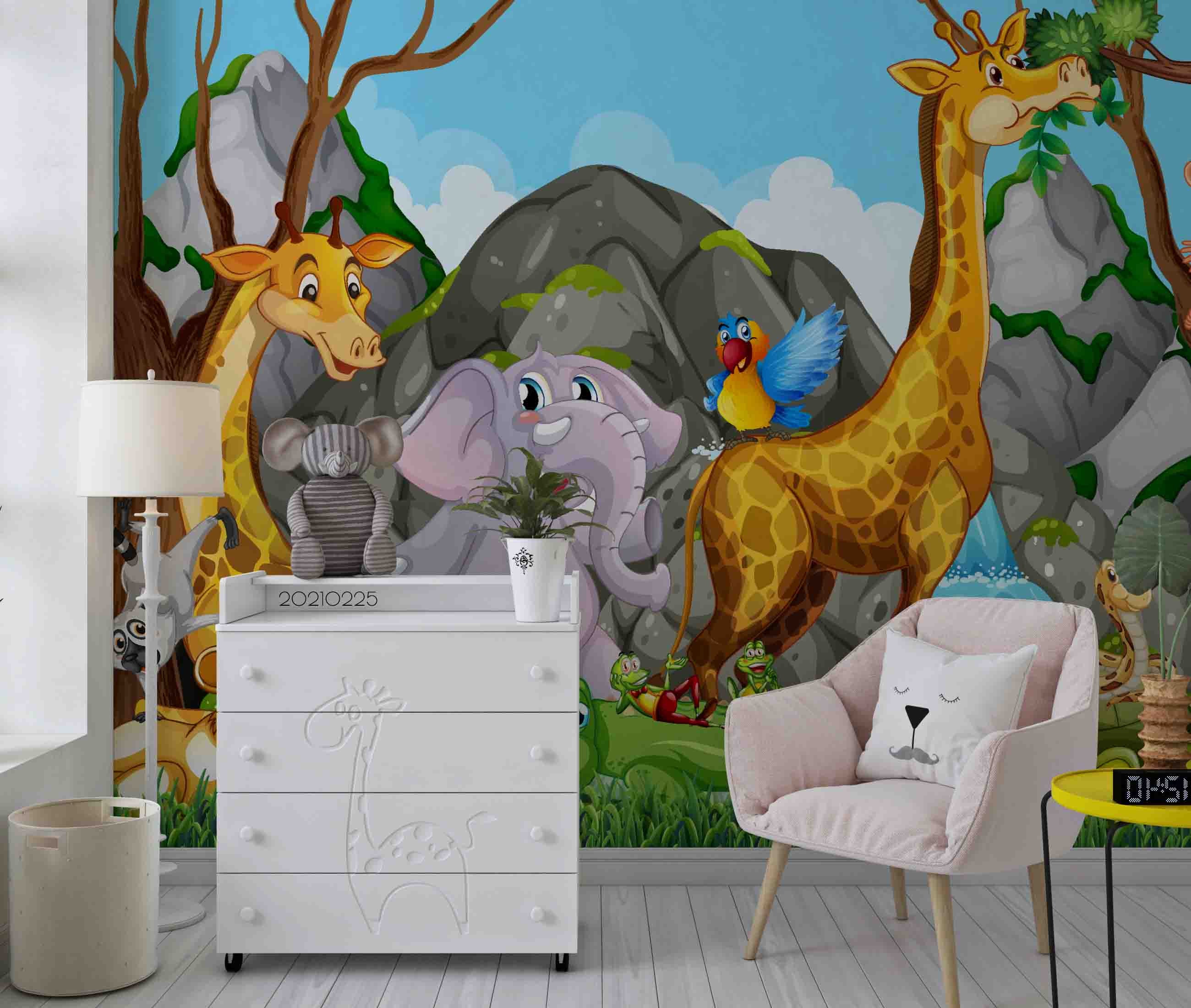 3D Cartoon Forest Animal Giraffe Elephant Wall Mural Wallpaper Lqh 210