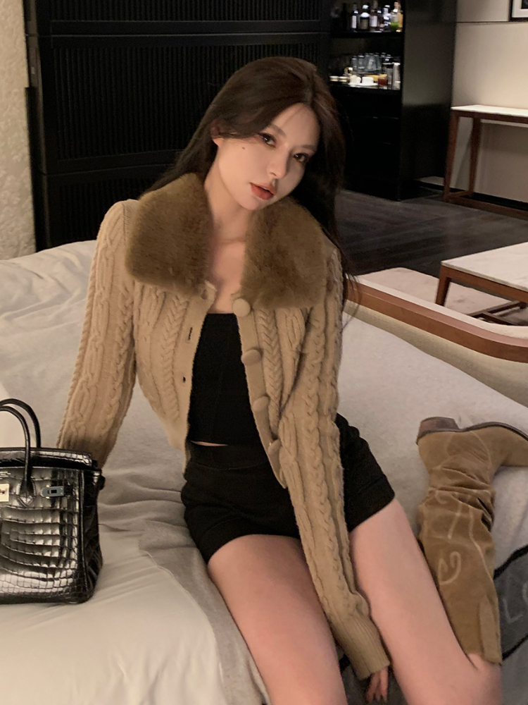 Winter Vintage Knitted Sweater Women Korean Fashion Fur Slim Cardigan Female Long Sleeve Casual Warm Y2K Short Sweater Coat 2022 alx