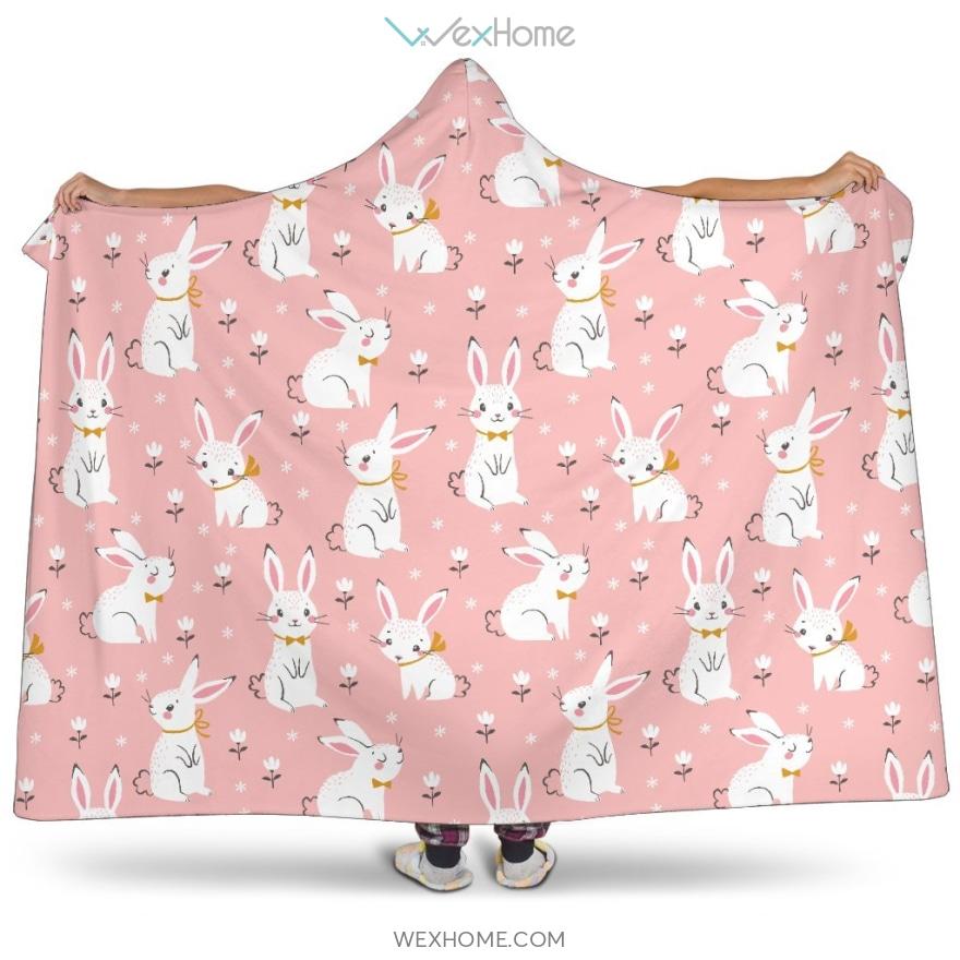 Cute White Rabbit Flower Pink Background Hooded Blanket