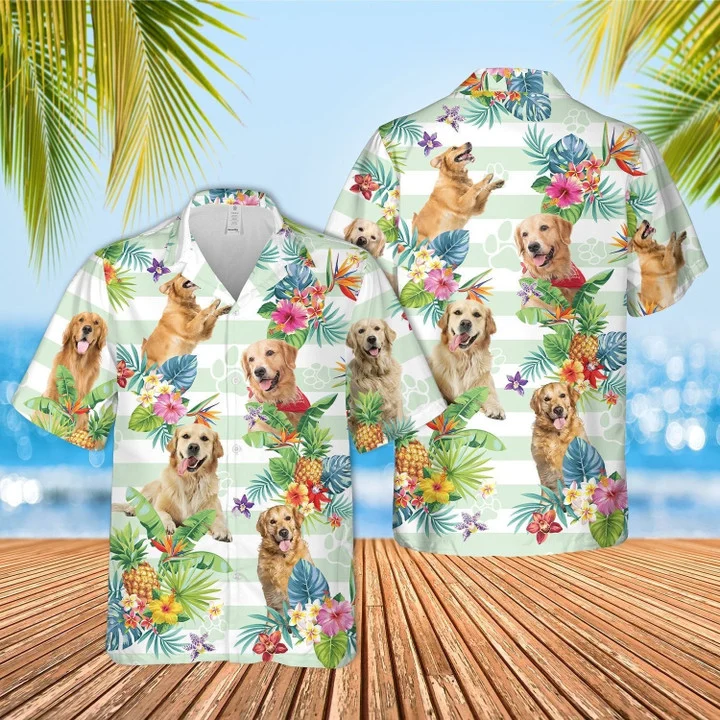 Blue Striped Golden Retriever Dog Tropical Flower Hawaii Shirt For Men And Women Ha47308