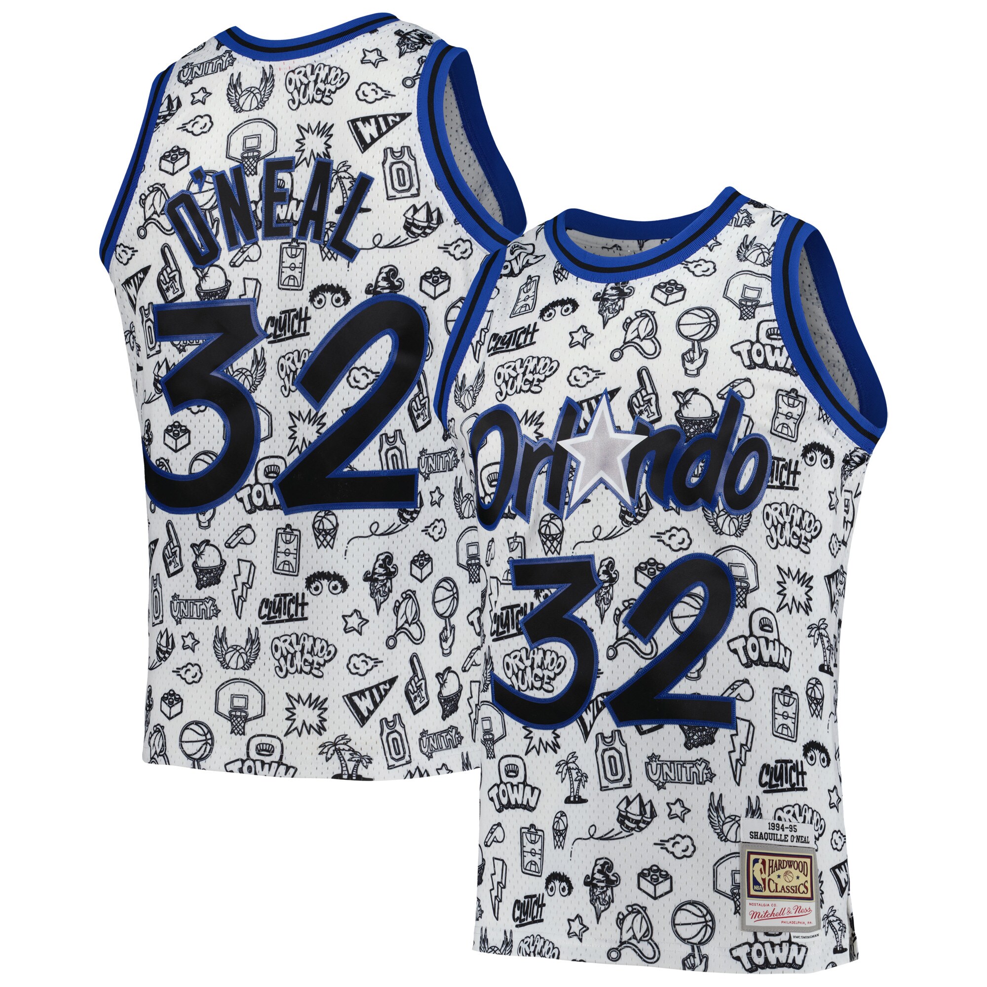 Shaquille O'Neal Orlando Magic Mitchell & Ness 1994/95 Hardwood Classics Doodle Swingman Player Jersey – White