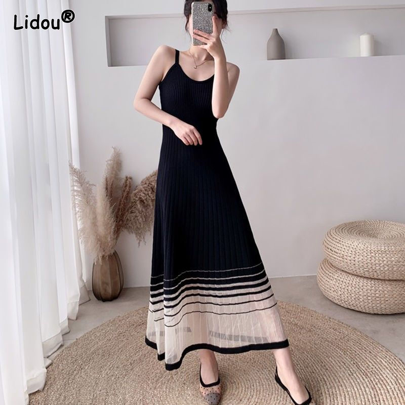 2022 Spring Summer New Spaghetti Strap Knitting Spliced Mesh Ankle-length Dresses Screw Thread Vintage Summer Women’s Clothing alx