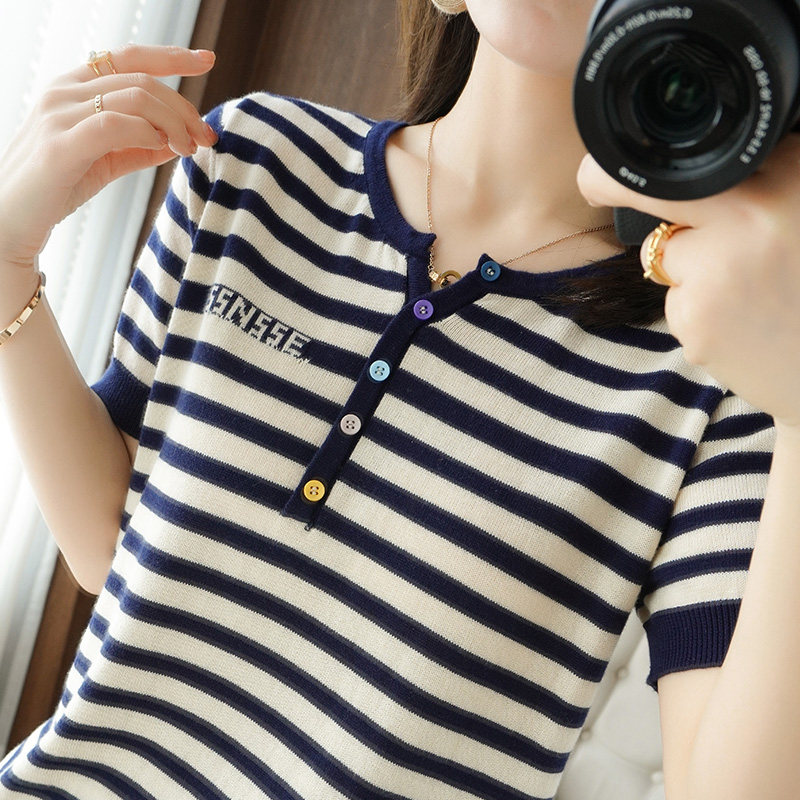 Button Knit Short Sleeve Striped Embroidery Letter WomenThin Pullover O-Neck T-Shirt Feminine 2022 Summer Loose Ice Silk Sweater alx