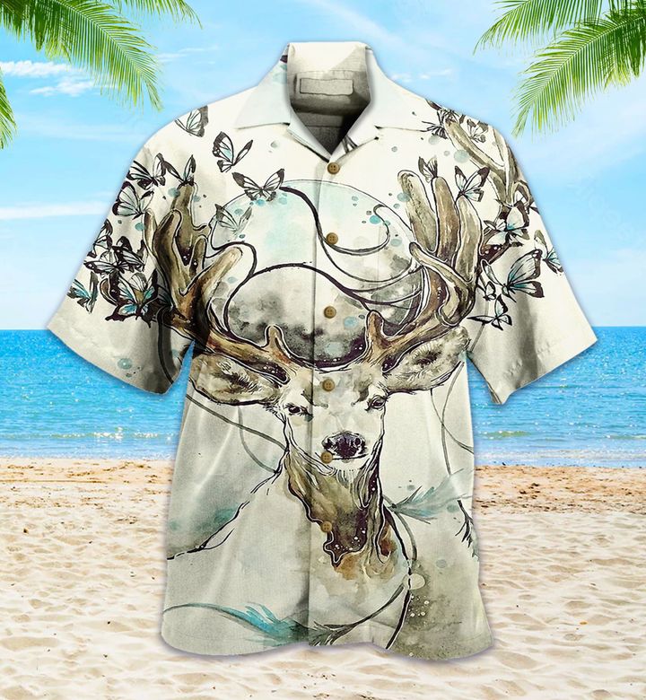 Reindeer Art Beige Hawaiian Shirt 3D
