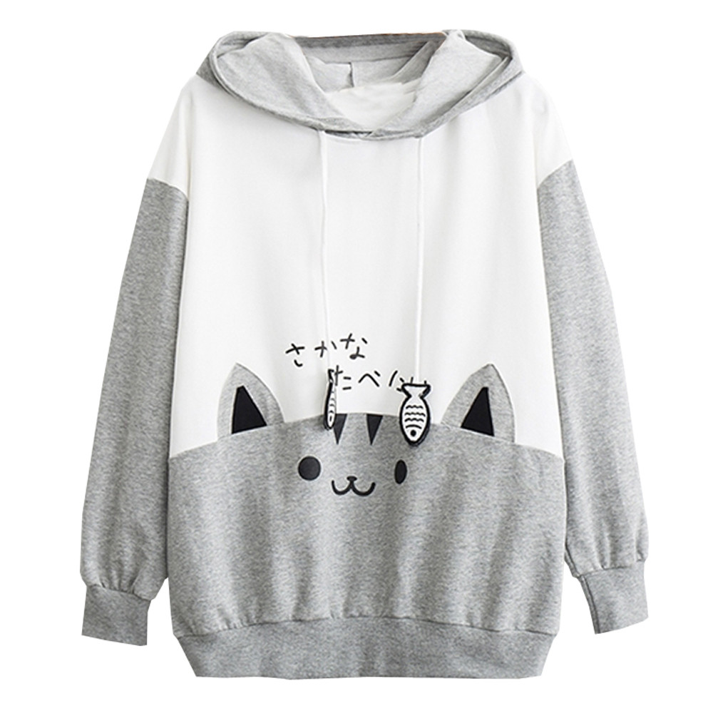 Women sweatshirt Cat Print hoodies kawaii Japanes pullovers Loose Casual Long Sleeve Pocket Hoodie Blouse Tops sudadera mujer alx