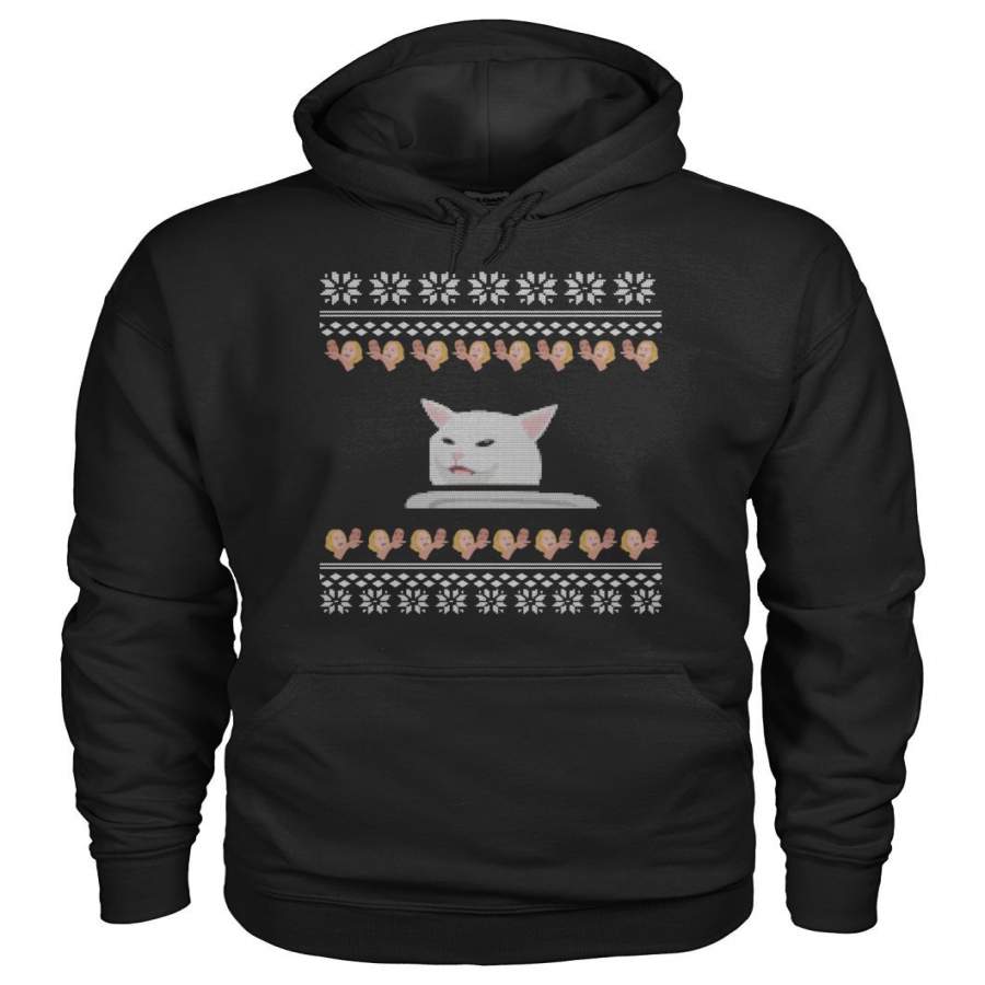 Cat Meme Woman Yelling At Table Dinner Ugly Christmas Sweatshirt Hoodie