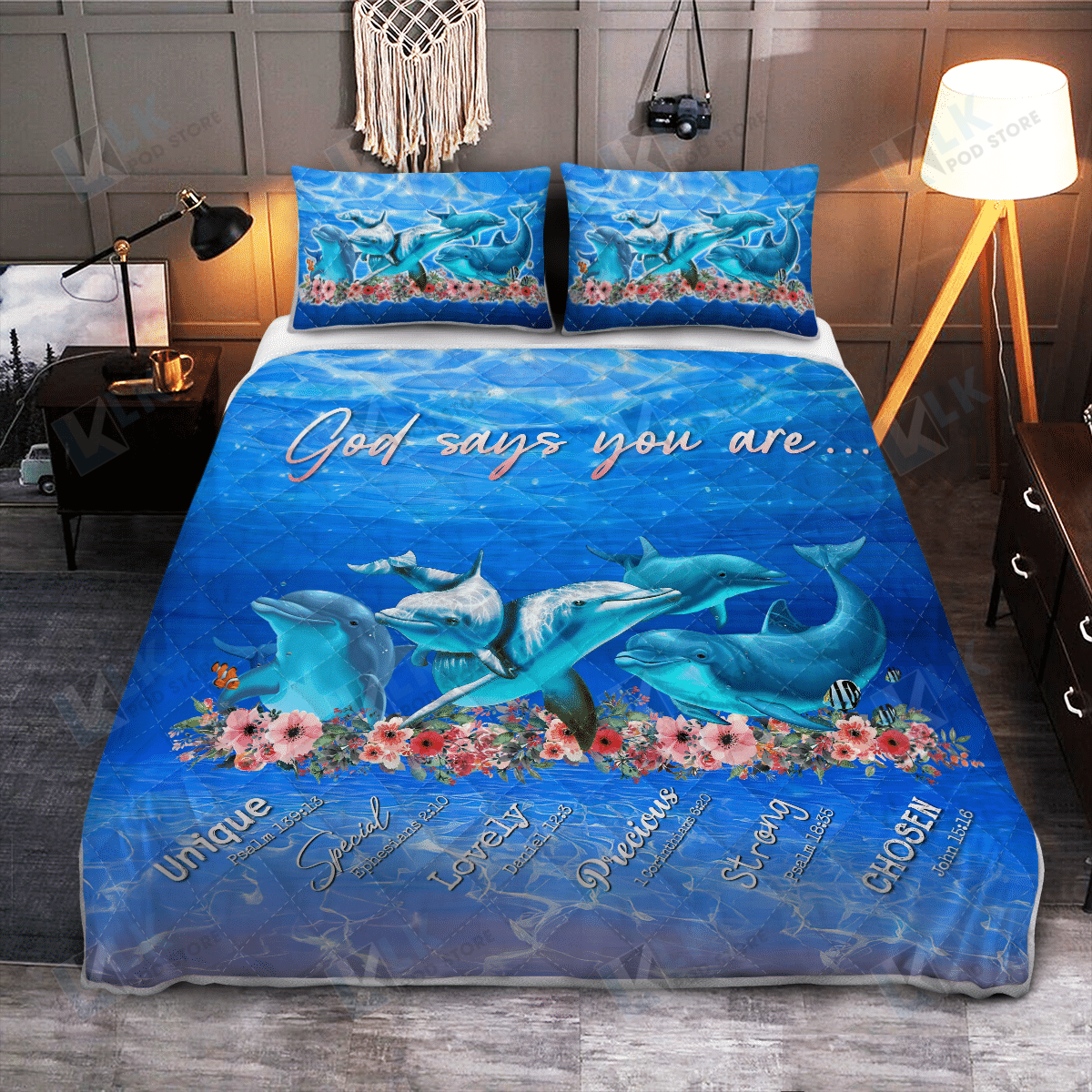 Dolphin God Says You Are Unique Special Quilt Bedding Set, Quilt, 2 Pillow Covers, Comforter, Bed Sheet Set, Dolphin Lover Gift