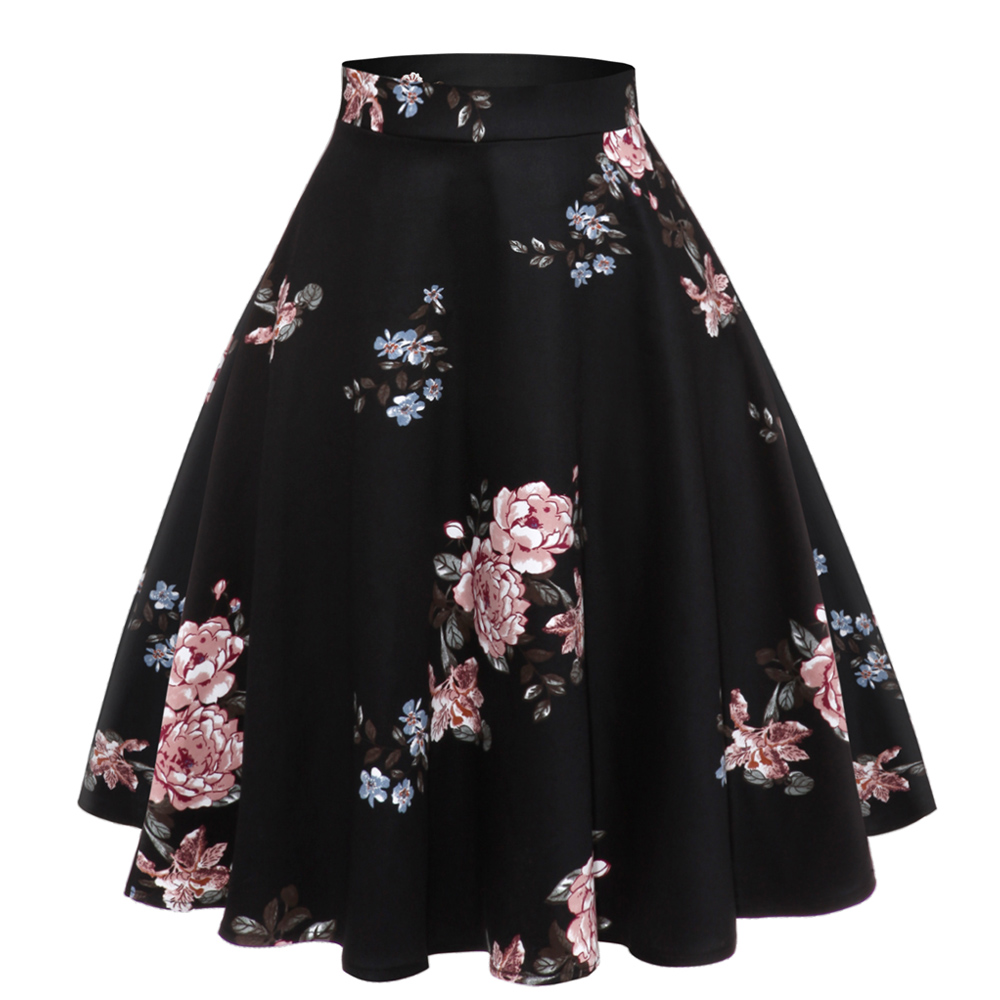 A Line Midi Floral Retro Skirt High Waist Cotton Vintage Women School Flower Print Elegant Pleated 50S Swing Skater alx