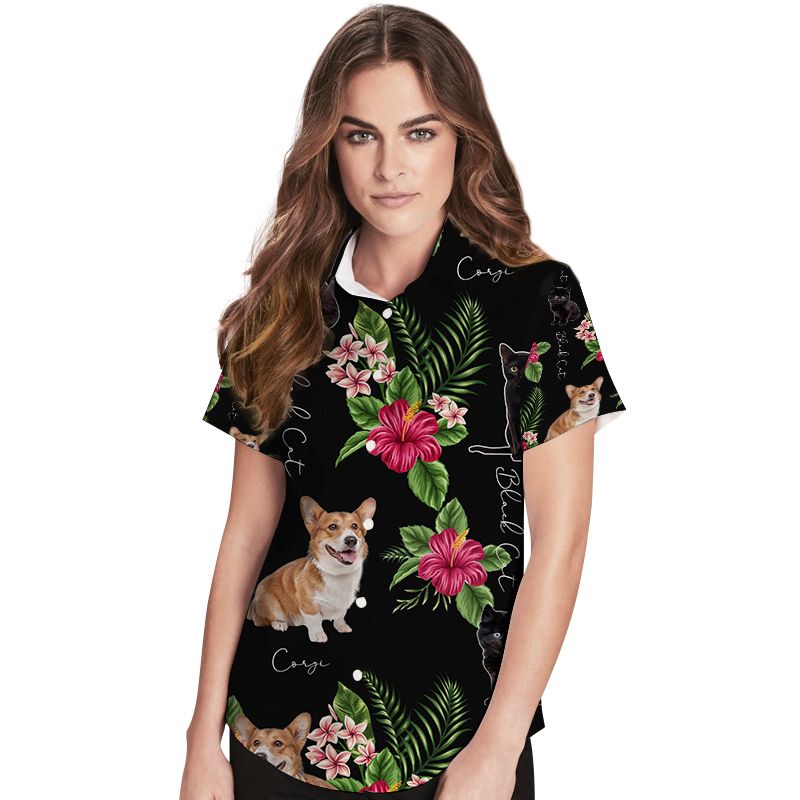 Corgi And Black Cat Hibiscus Women Hawaiian Shirt For Pets Lovers In Daily Life Ha83173