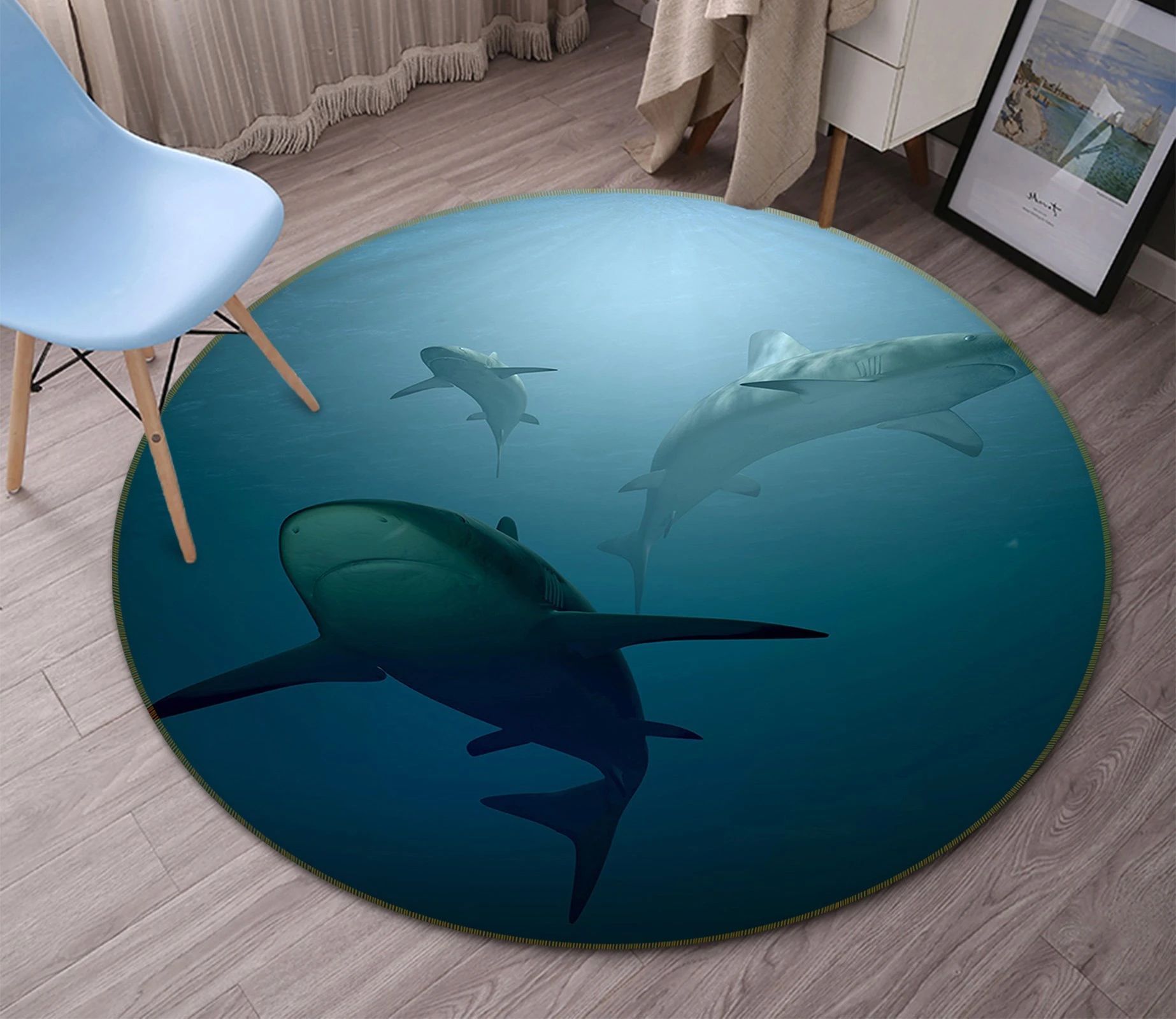 Sharks Under The Ocean Printed Round Rug – Round Carpet Home Decor