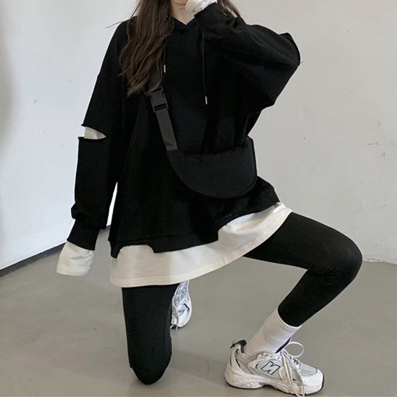 Women with Hat Hoodies Trendy Hollow Out Asymmetrical Sweatshirts Fake 2 Piece Drawstring Pullover Loose Casual Streetwear Chic alx