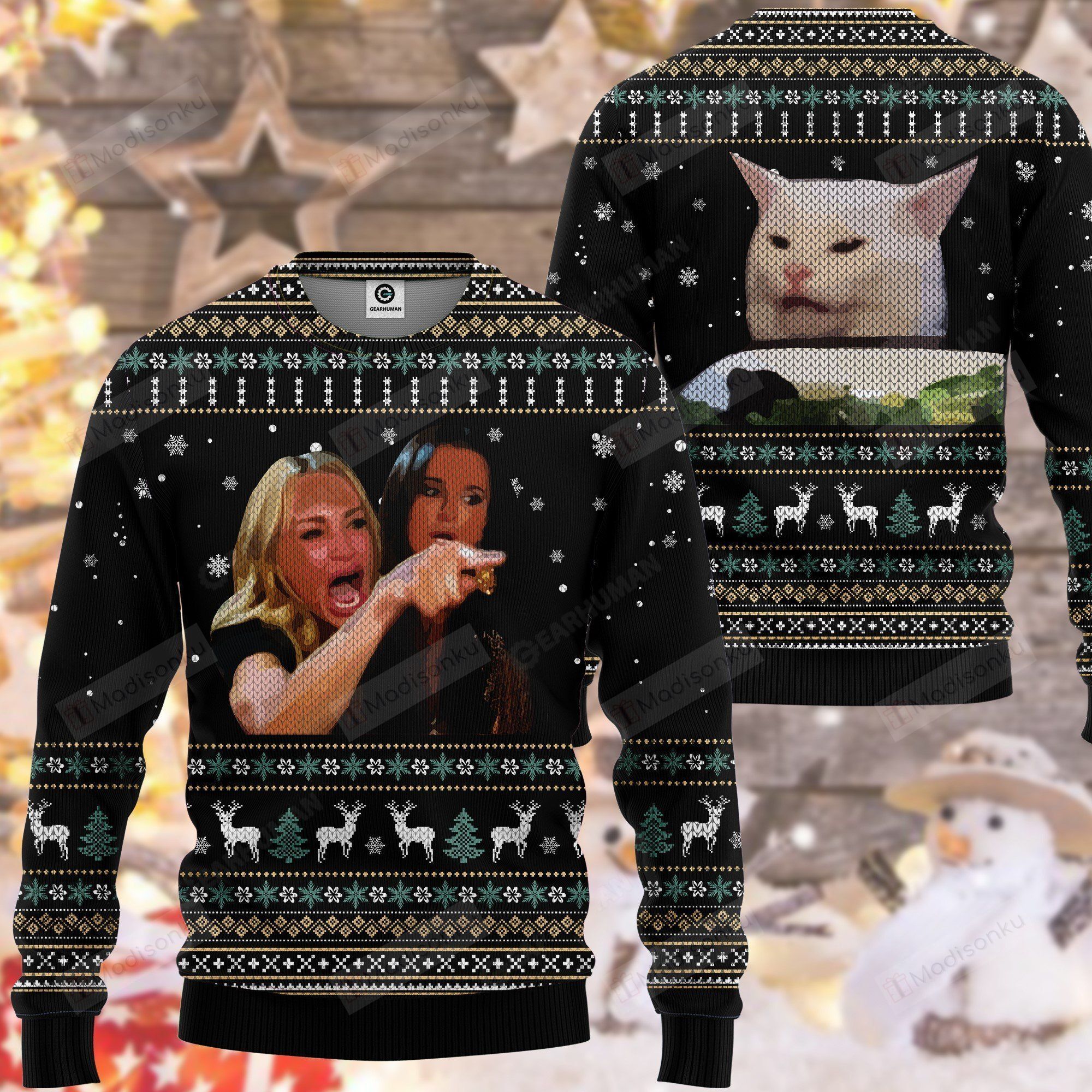 Woman Yelling At A Cat Ugly Christmas Sweater, All Over Print Sweatshirt