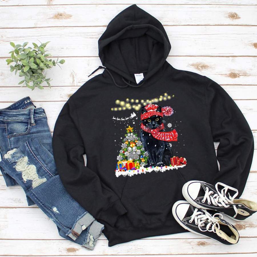 Black cat christmas tree merry christmas xmas light gifts snow winter ornament black hoodie for men and women S-5XL
