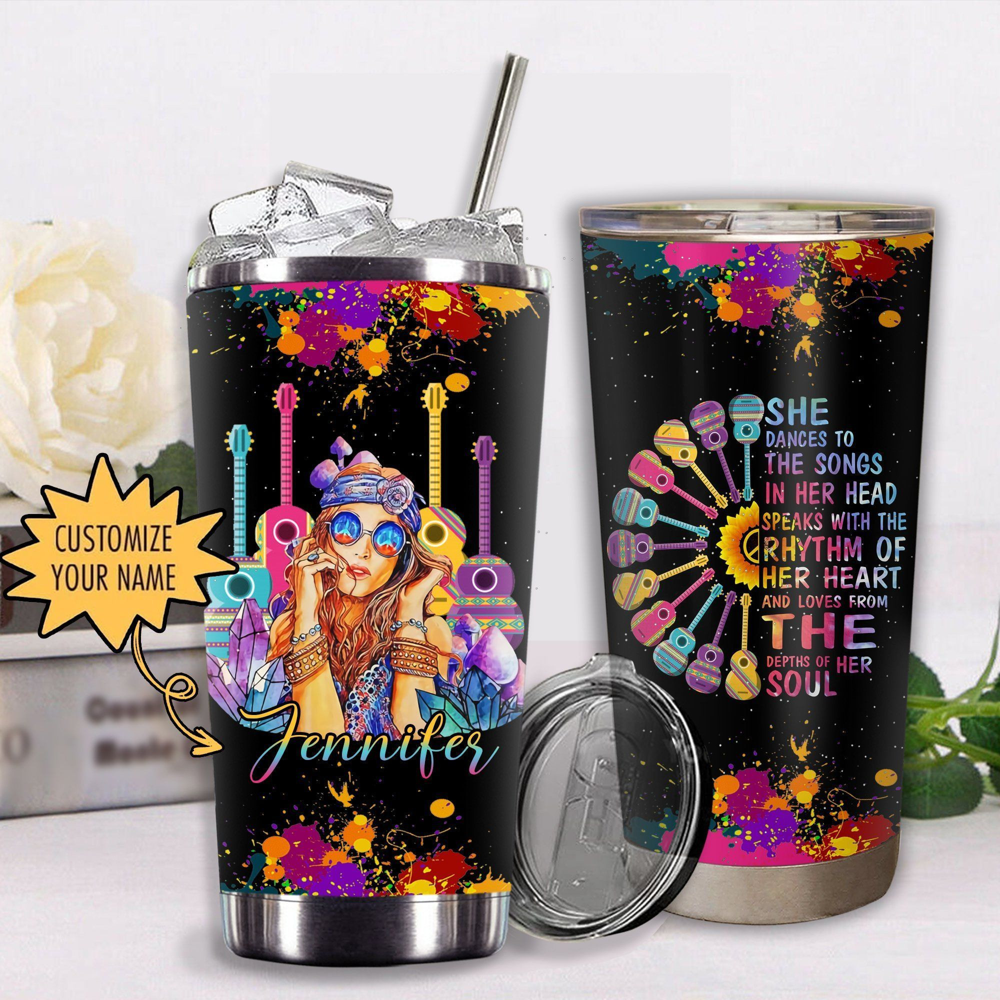 Hippie Girl Loves Guitar Tumbler – She Dances To The Songs Peace Girl Hippie Tumbler Christmas Gifts