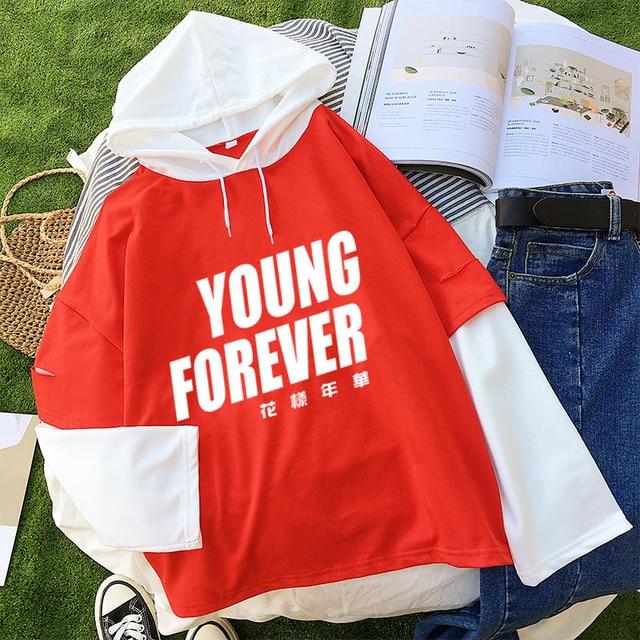 Women’S Fashion Sweatshirts Long Sleeve Letter Young Forever Hoodies Casual Splicing Bts Bangtan Boys Kpop Hooded Pullovers Tops