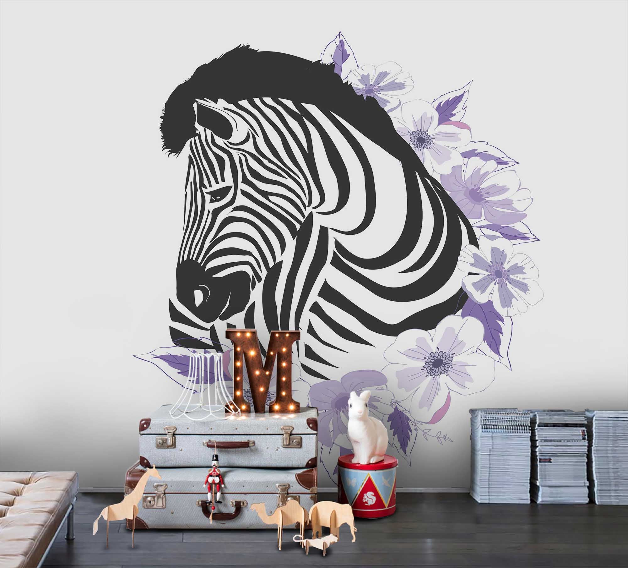 3D Freehand Sketching Animal Zebra Violet Flower Wall Mural Wallpaper Zy D42