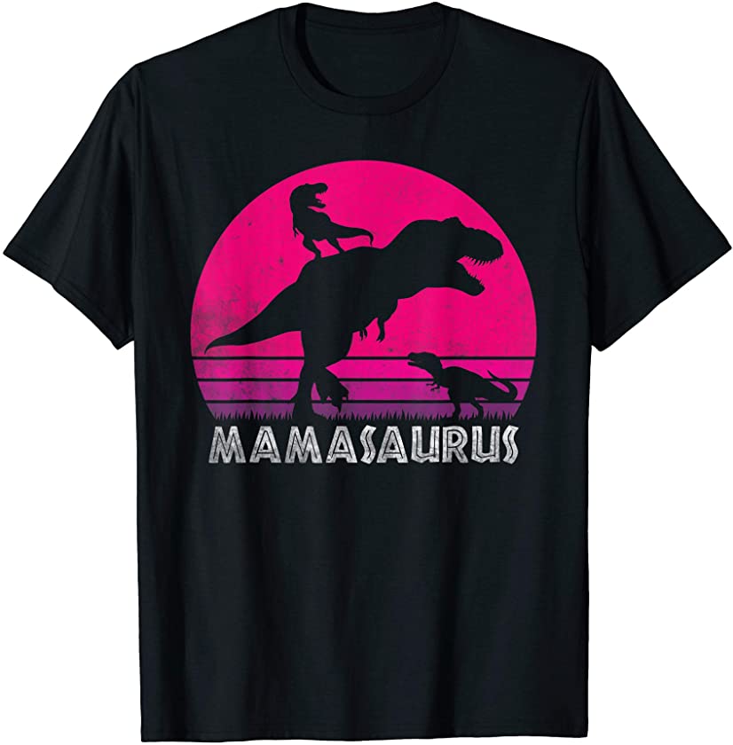 Vintage Retro 2 Kids Mamasaurus Sunset Funny Gift For Mother T-Shirt