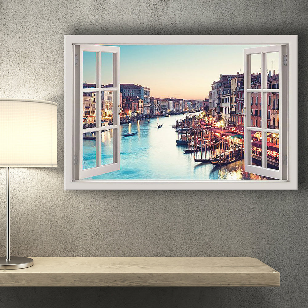 Venice Italy Sunset 3D Window Bay View Canvas Print – Canvas Painting, Canvas Art, Wall Art, Wall Decor