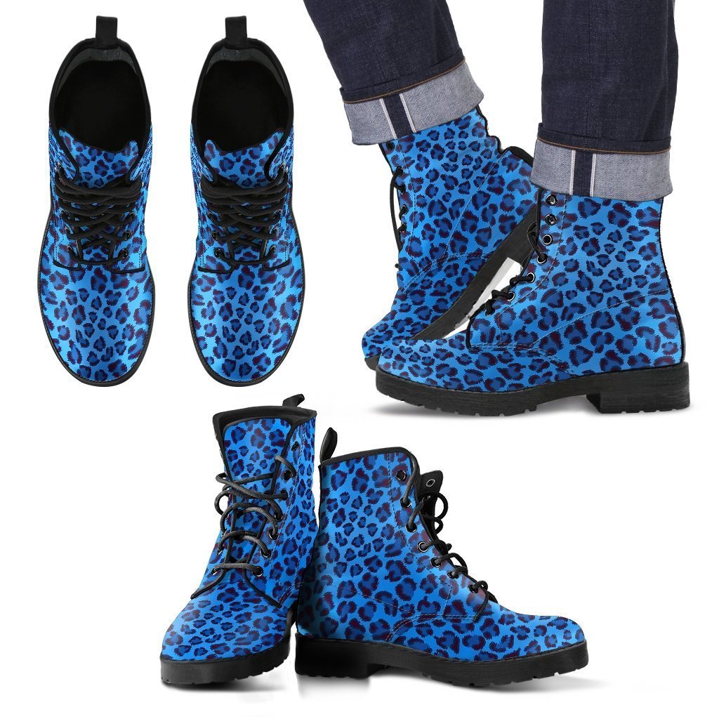 Blue Cheetah Leopard Pattern Print Men Women Leather Boots Fashion Boots Custom Shoes