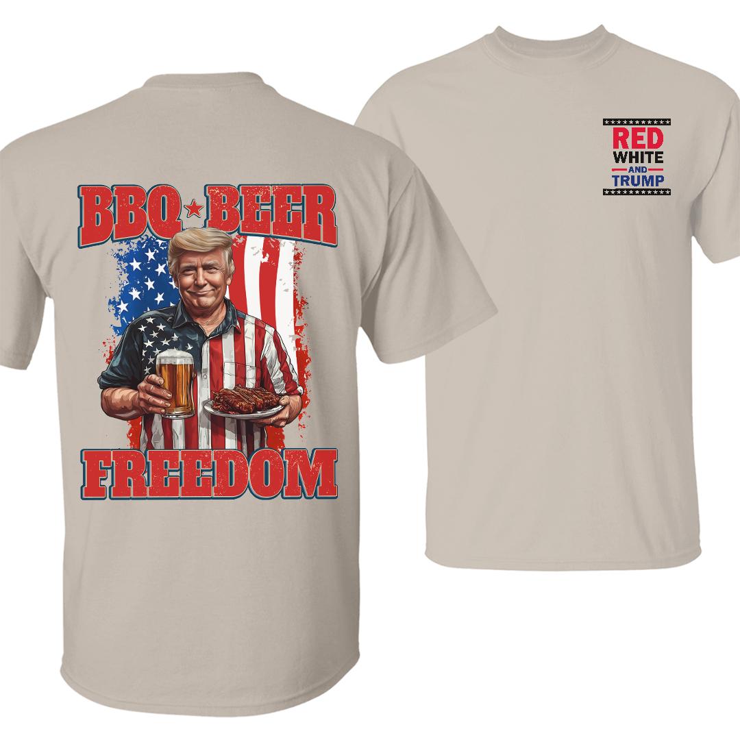 BBQ Beer Freedom Trump 4th of July T-Shirt Patriotic Grilling Shirt for Men Independence Day Graphic Tee USA Flag Cookout Shirt