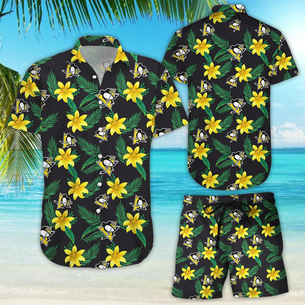 Pittsburgh Penguins Hawaiian Aloha Shirt Floral Button Up Slim Fit Body Hawaiian Shorts Beach Short Sleeve