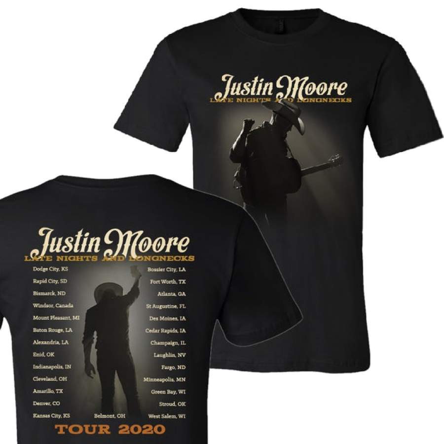 Justin Moore 2020 Late Nights and Long Necks Live Tour  T-Shirt