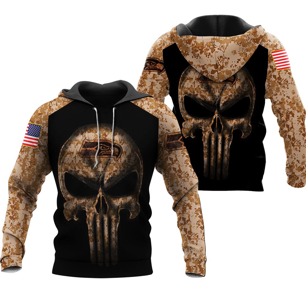 Camouflage Skull Seattle Seahawks American Flag 3d Hoodie Sweater Tshirt