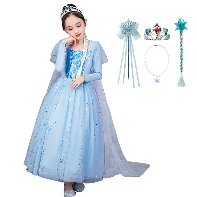 YOFEEL Girls Elsa Dresses Cosplay Snow Queen 2 Custome Sequins Long Sleeve Gown with Cloak Princess Dress up Kids Elza Frock alx