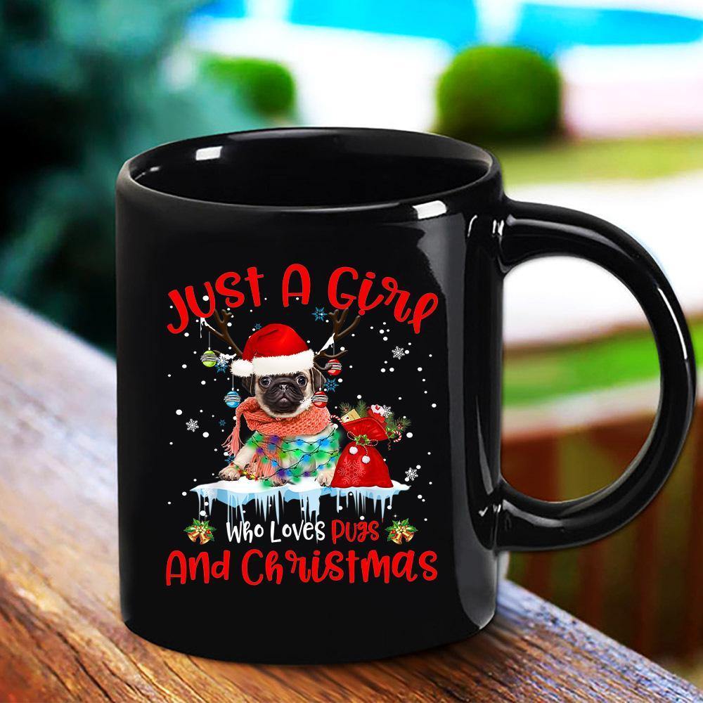 Baby Pug Dog Just A Girl Who Loves Pug And Christmas Colorful Light Snow Candy Cane Happy Holiday Black Mug