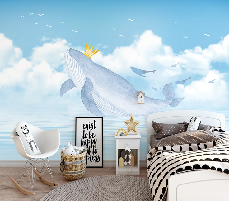 3D Blue Whale Sky Clouds Crown Wall Mural Wallpaper Sf124