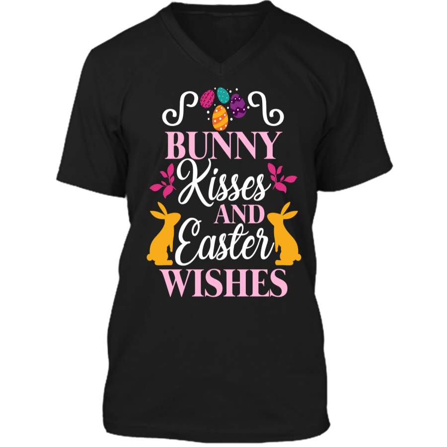 Bunny Kisses And Easter Wishes Cute Easter T-Shirt Mens Printed V-Neck T